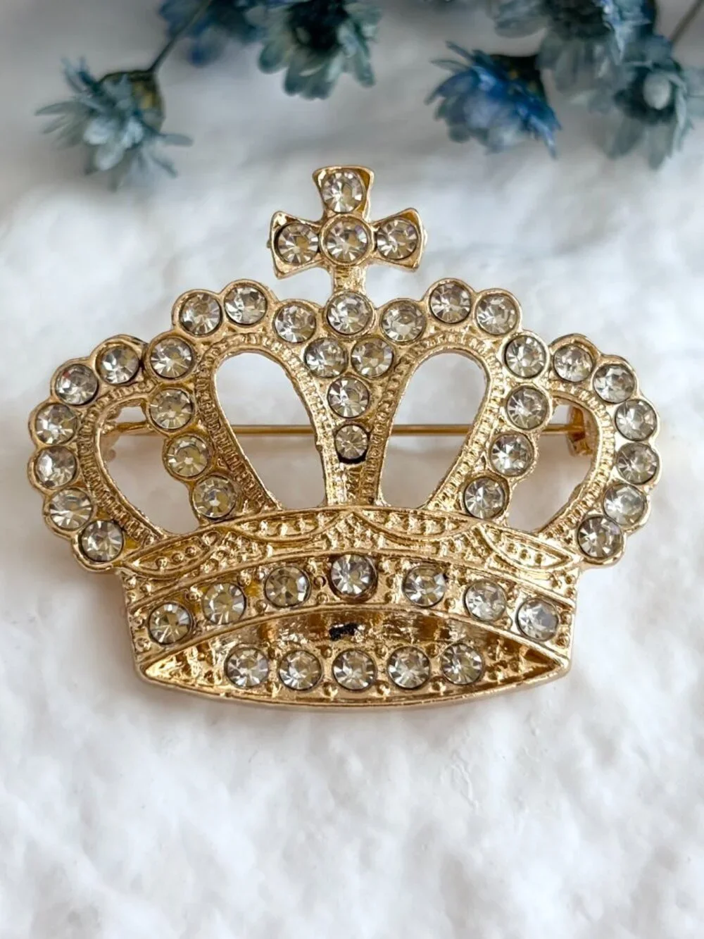 Crown Shaped Gold Toned Rhinestone Accented Vintage Inspired Brooch Pin